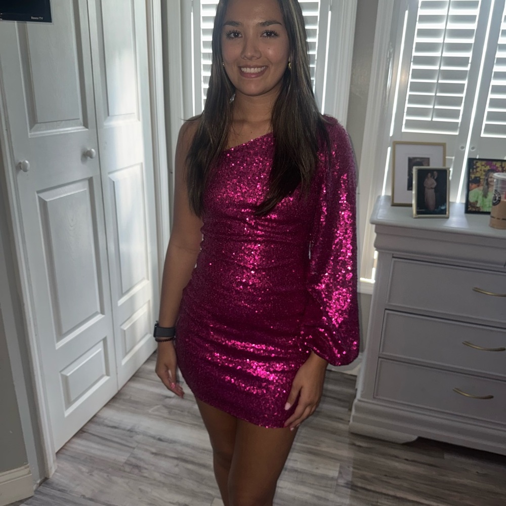 Hello Molly Pink Sequin One-Shoulder Mini Dress